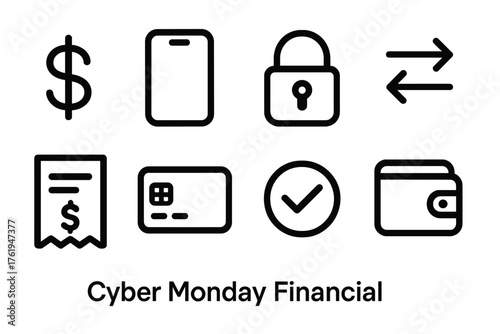 Cyber Monday Financial Flow outline icon set: currency symbol, mobile device, padlock security, instant transfer, e-receipt, chip card, payment confirmation, wallet icon. , , High