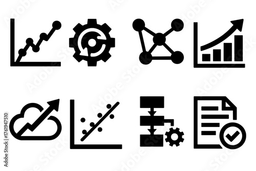 Predictive Modeling silhouette set: statistical graph, prediction engine, neural prediction nodes, accuracy chart, forecast icon, regression output, machine learning process, data