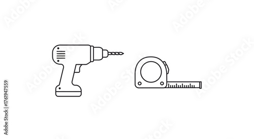 Drill and Tape Measure Outline Illustration for Construction and DIY Projects