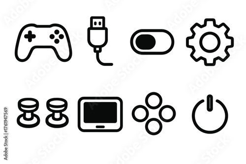 Video Game Gear outline icon set: controller grip, cable connector, toggle switch, settings icon, thumbsticks, console screen, key buttons, power light.