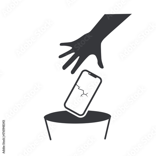 Isolated pictogram sign throw waste smartphone with a cracked screen, symbol indicating electronic waste or trash.