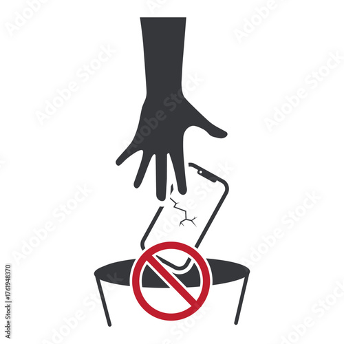 Isolated prohibition sign throw waste smartphone with a cracked screen, symbol indicating it is not electronic waste or trash.