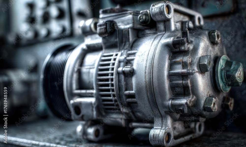 Fototapeta premium Close-up of a metallic industrial machine component with intricate details.