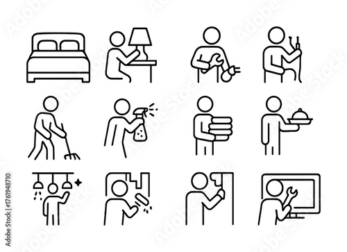 Household chores icons: cleaning, maintenance, hospitality, and organization symbols