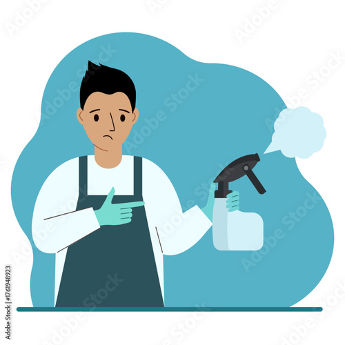 A man in gloves holds a spray bottle with disinfectant liquid, antiseptic or detergent. Home disinfection and hygiene.