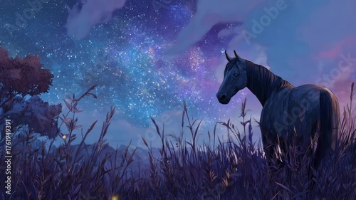 Horse peers out to starry night sky. Tall grass sways. Fireflies glow below