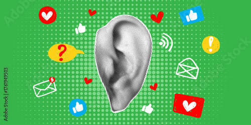 Trendy halftone banner with human ear and different social media icons. SEO, advertising, e-commerce concept.  Contemporary collage for design template. Punk and Y2K style. Vector