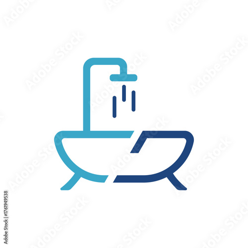 A modern, minimalist icon of a bathtub and shower in two shades of blue on a white background.