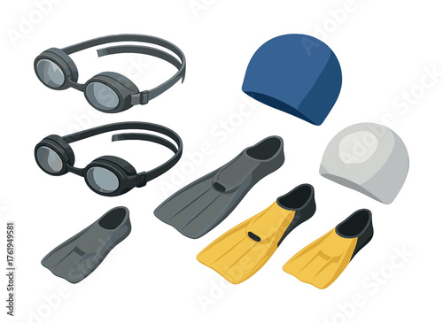 Swim gear collection: goggles, caps, and fins in various colors and styles