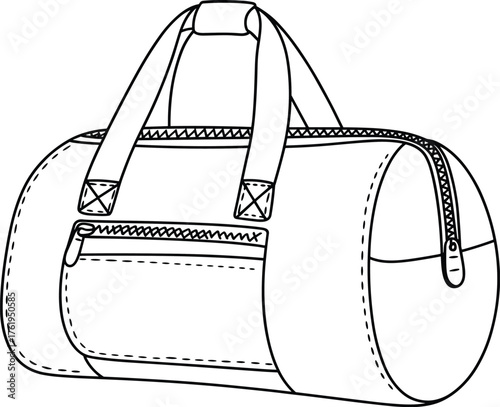 Duffel bag technical sketch, black and white line art, cylindrical travel bag design, zipper pocket, handle detail, cad drawing flat vectorical 