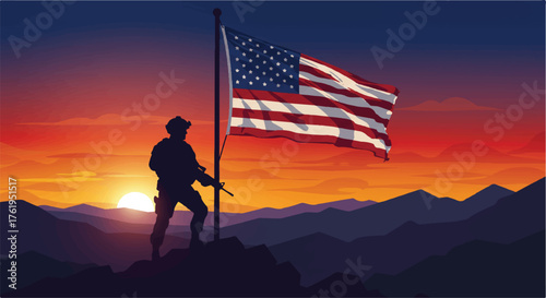 Silhouette of a soldier standing with an American flag at sunset over mountains.