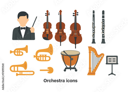 Orchestra icons with conductor, instruments, and music stand
