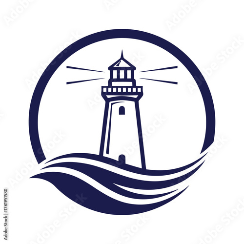 Nautical lighthouse emblem with wavy water and circular border