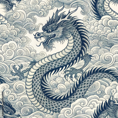 Ornate traditional Asian dragon illustration forming a seamless pattern with dense blue and white swirling clouds