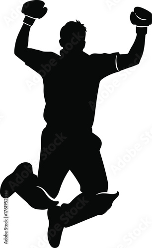 Silhouette of a triumphant baseball catcher jumping with arms raised