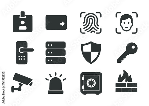 Security icons set: identification, surveillance, and protection elements