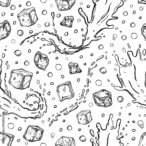 Monochrome vector ice cubes set illustration painted by black inks. Etching drawing of frozen juice or water cube with drops for beverage branding, cocktail menus, food blogs, summer promotions