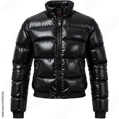 Black Glossy Puffer Jacket Front View – Shiny Quilted Winter Coat with High Collar, Zipper Closure, and Ribbed Cuffs for Men and Women, Modern Fashion Outerwear for Cold Weather Style