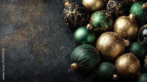 Festive Christmas Ornaments in Green, Gold, and Black Colors