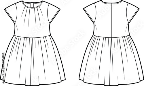 Women’s pleated bodice dress flat sketch, fashion technical drawing, front and back view garment design, cad drawing flat vector illustration