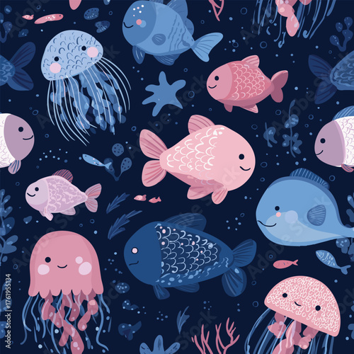 Cute sea animals seamless pattern with fish and jellyfish. Childish and playful vector illustration for kids fabric, wrapping paper, cover, baby clothing, surface design and more