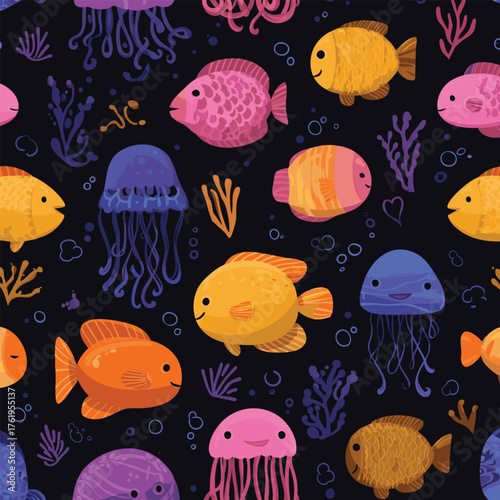 Cute sea animals seamless pattern with fish and jellyfish. Childish and playful vector illustration for kids fabric, wrapping paper, cover, baby clothing, surface design and more