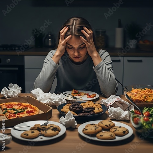 Overwhelmed Woman Surrounded by Food - A Struggle with Emotional Eating.
