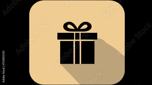 A black gift box with a bow sits on a beige rounded-square background with a shadow