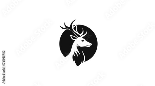A stylized stag head silhouette, centered within a black circle against a white background