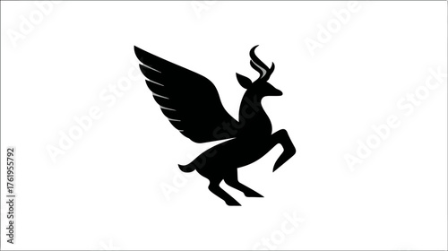 A silhouette of a deer with wings, wings are detailed with subtle grey lines. The deer is leaping
