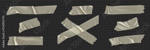 Wrinkled duct tape pieces set isolated on transparent background. Vector realistic illustration of ripped adhesive strips with uneven edges, crumpled torn scotch for fixing damage, repair bandage