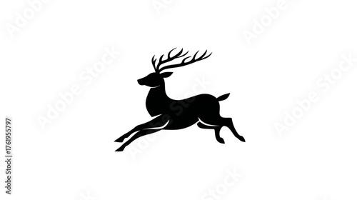A black silhouette of a leaping deer with large antlers, on a white background