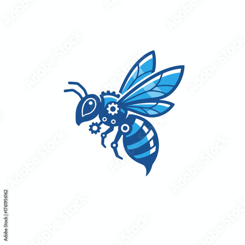 Blue Mechanic Bee Logo Vector. Technology and Industrial Insect Mascot.