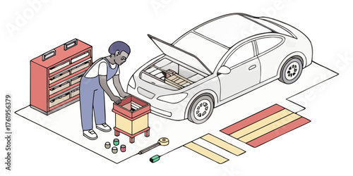 Skilled auto mechanic diligently repairs car engine with tools and organized parts in a clean, bright workshop setting.