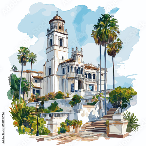 Hearst Castle. Hearst Castle hand drawn watercolor illustration