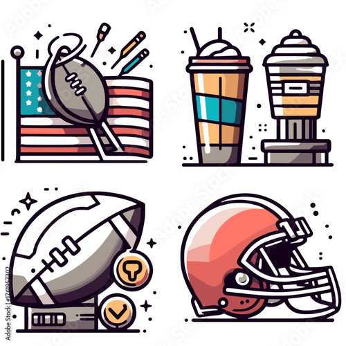 Super Bowl symbols including football, drinks, and a helmet  