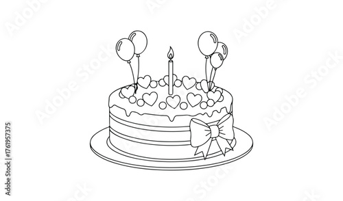 Hand drawn sketch of a birthday cake with candles and balloons