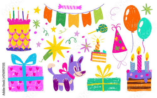 Crayon birthday party set with colorful cake, wrapped presents, balloons and festive bunting flags. Cheerful puppy character, confetti stars with candy and celebration hat for kids decoration.