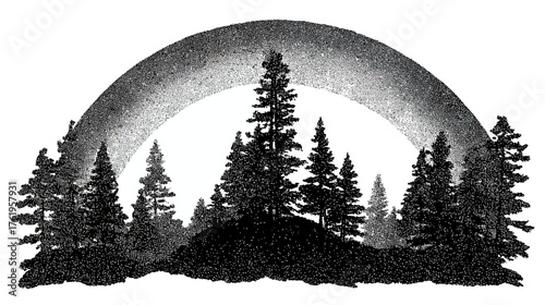 A black and white image depicts a forest scene under a textured arc, with a dotted aesthetic
