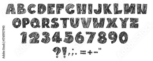 Typography crayon kid alphabet with hand drawn letters, numbers from zero to nine and punctuation marks. Black sketchy characters with rough texture of pencil brush strokes on white background.