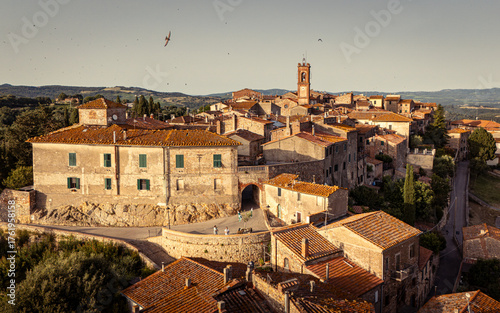 Drone shot of the small village of Civitella Paganico in Tuscany, Italy.