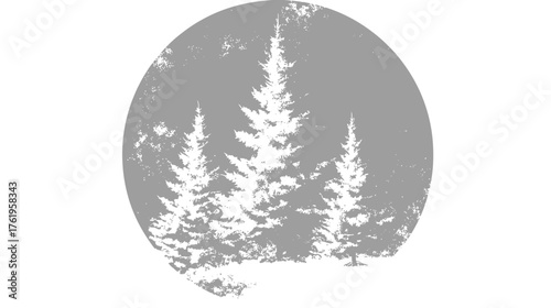 A circle with a grey background featuring white silhouetted coniferous trees. A textured illustration