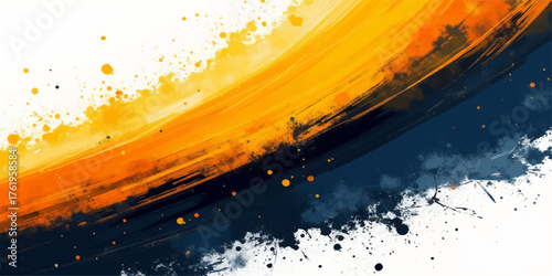 Abstract energetic brush stroke of warm orange and cool blue paint splatters on white background