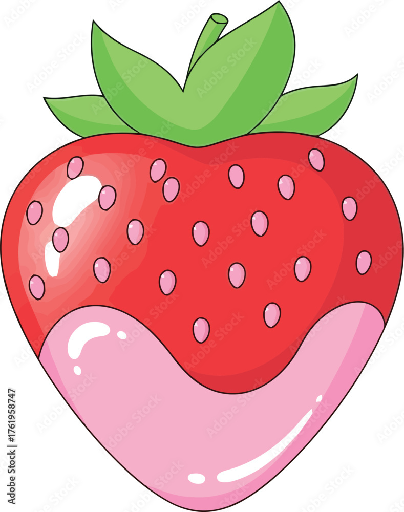Obraz premium Delicious red strawberry dipped in sweet pink frosting isolated on white for healthy treats and desserts vector