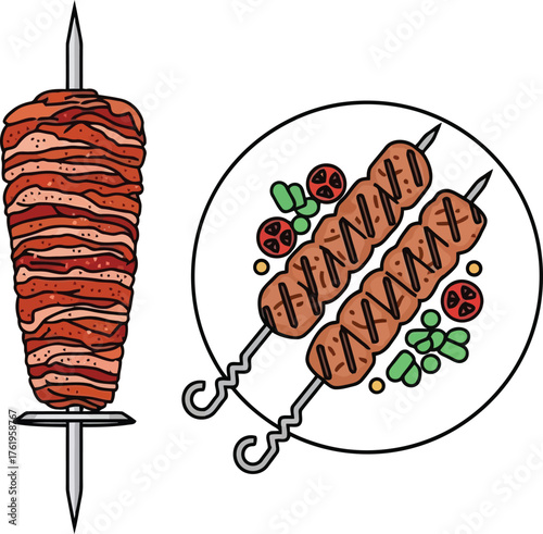 Delicious doner kebab skewers on plate hand drawn illustration food art vector