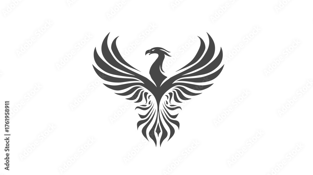 Fototapeta premium A stylized image of a bird-like figure with spread wings, in shades of grey against a white backdrop