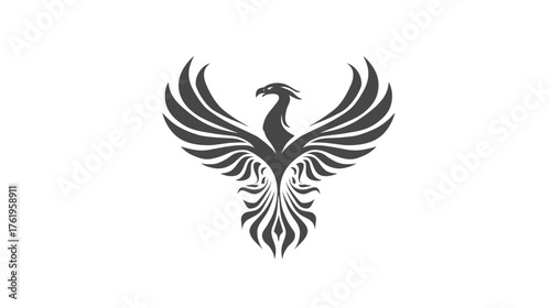 A stylized image of a bird-like figure with spread wings, in shades of grey against a white backdrop