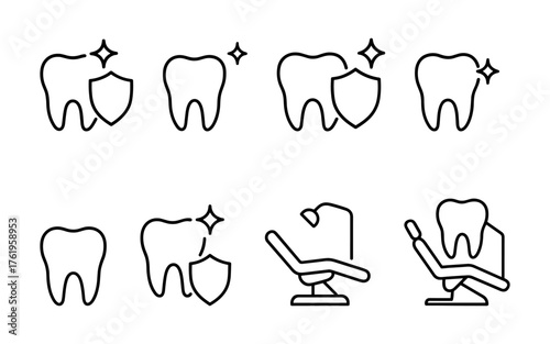 Dental health and tooth care icons set. Healthy teeth, cavity, protection, prevention, dentistry. Outline vector illustrations