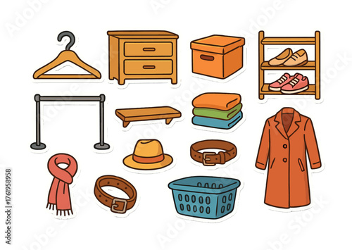 Cozy autumn wardrobe essentials: coat, scarf, hat, and shoe organizer