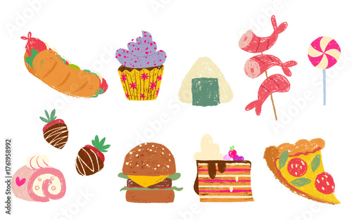 Crayon fast food and sweets set with textured hand drawn appearance. Colorful set of burger and pizza slice, cupcake and chocolate strawberries, cake and onigiri for menu or children graphics.
